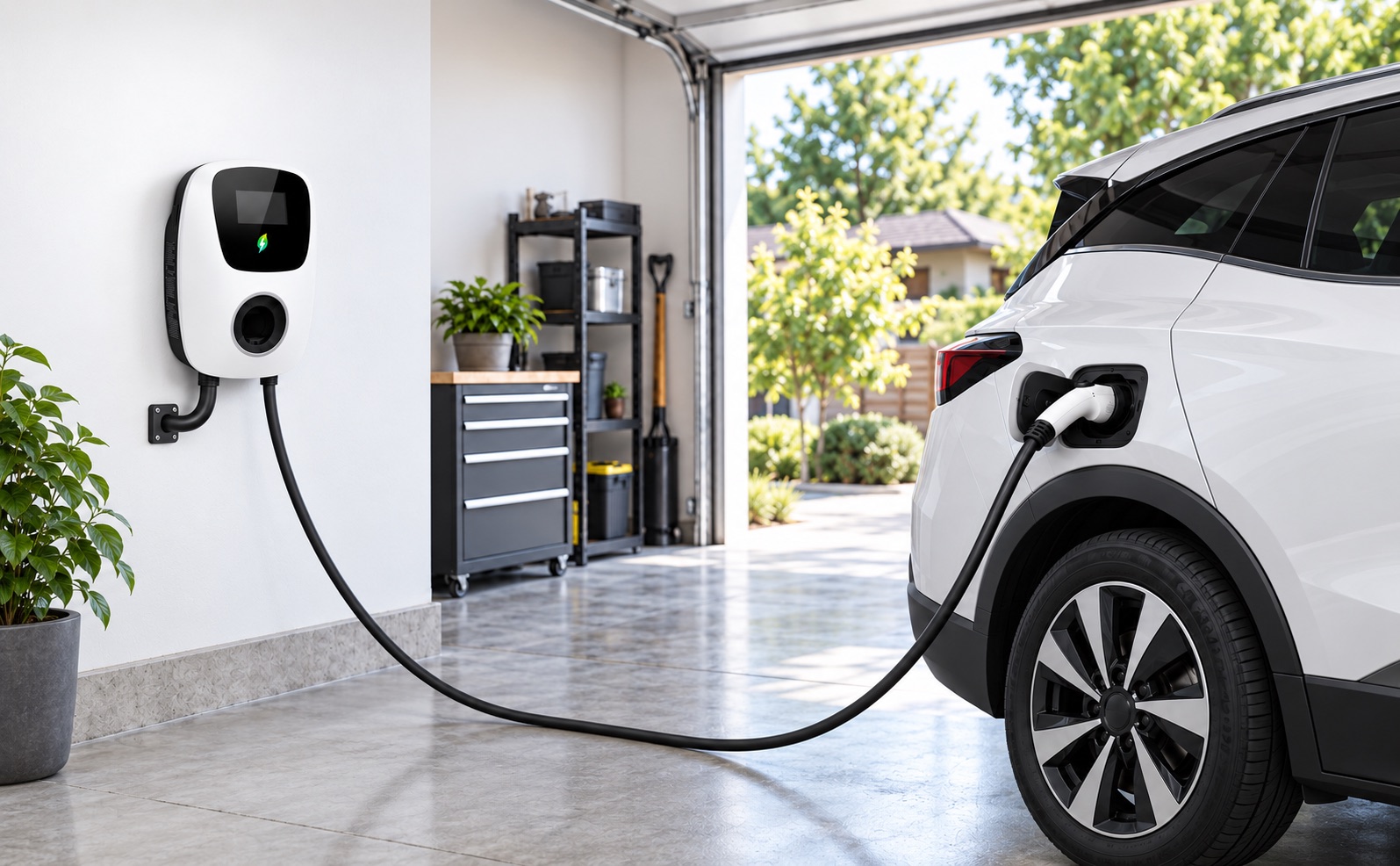 Voltix charger cable reaching an EV from its wall-mounted position