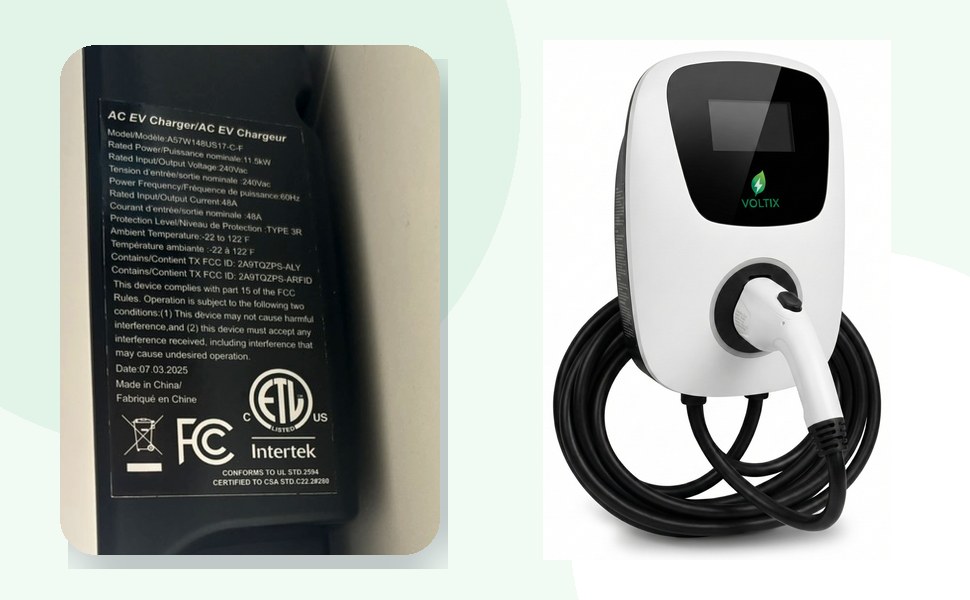 Actual Voltix charger certification label showing the Intertek ETL Listed mark