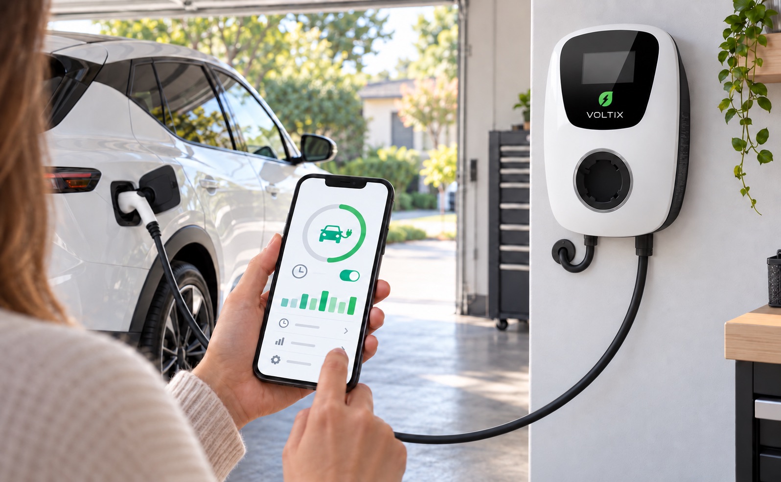 Voltix charger charging an EV while a driver views an illustrative charging schedule on a phone