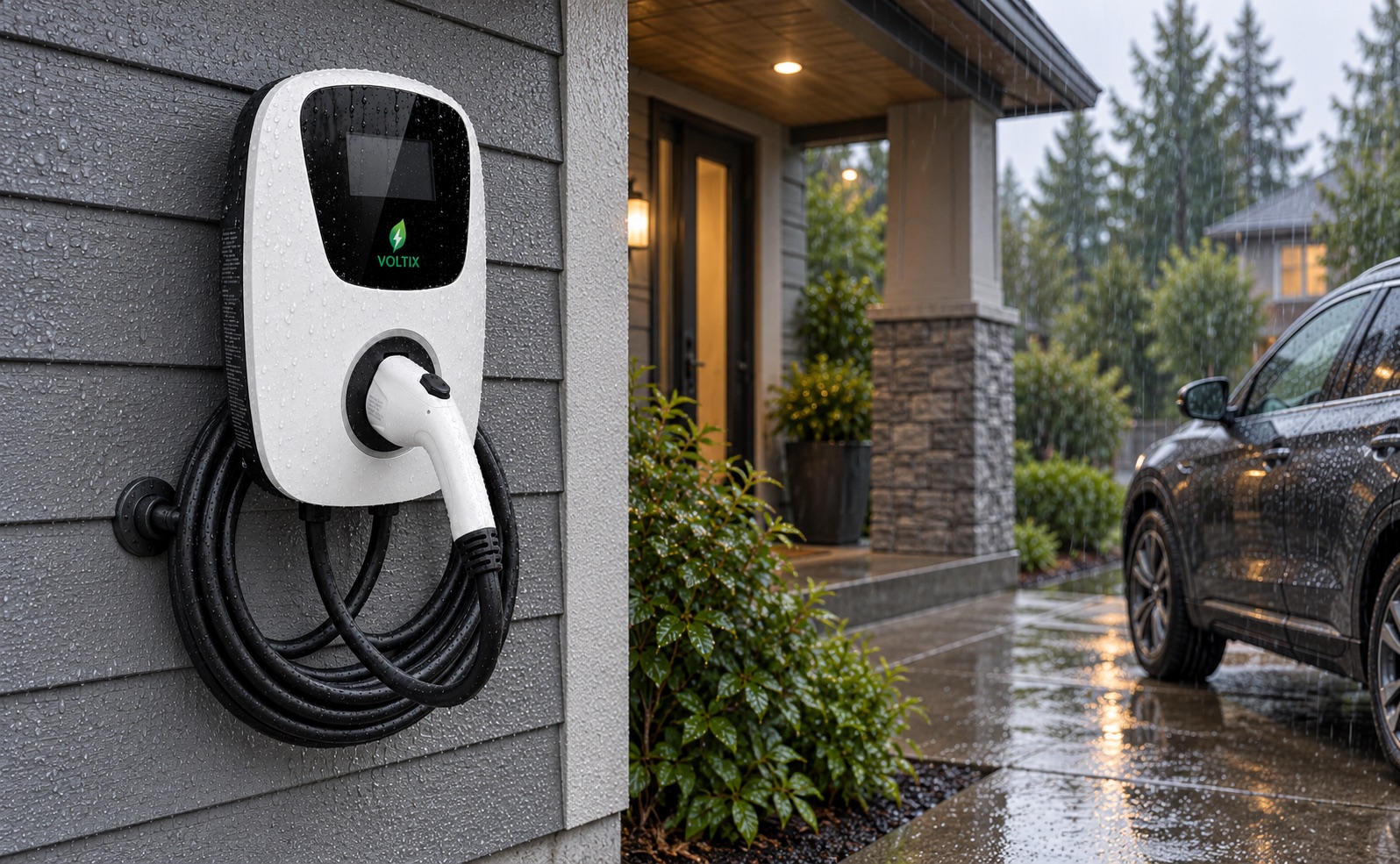 Voltix charger installed outside a home during rain; Type 3R rated for rain, snow, and sleet