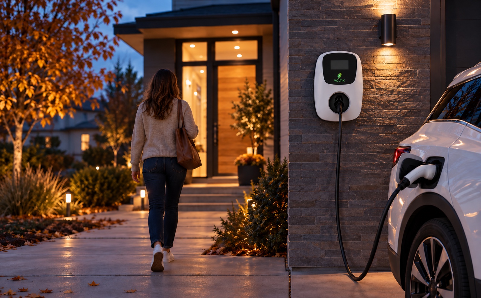 Voltix charger powering a parked electric vehicle as a driver walks into her home at dusk