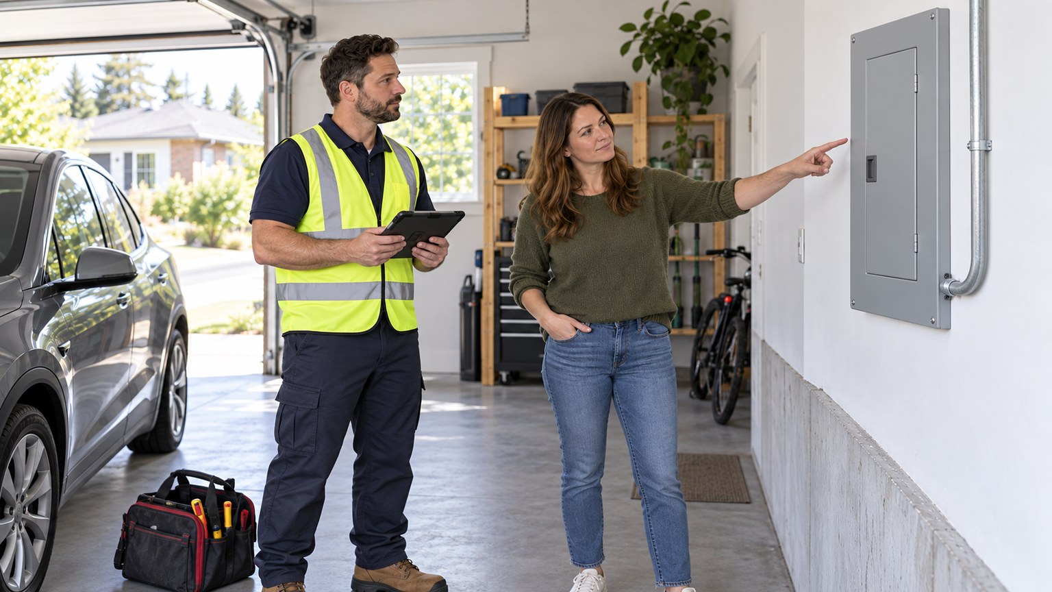 Homeowner showing a closed electrical panel to an electrician during an EV charger installation assessment