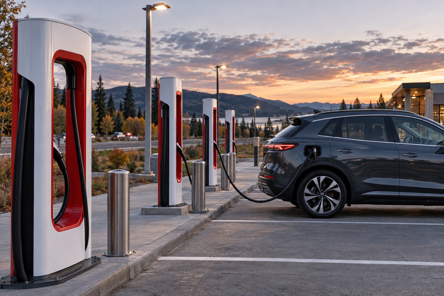 Electric vehicle at a Canadian public fast-charging station at dusk